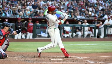 Eugenio Suarez of the Arizona Diamondbacks hits a two run home run in the fourth inning against the Atlanta Braves (Norm Hall)