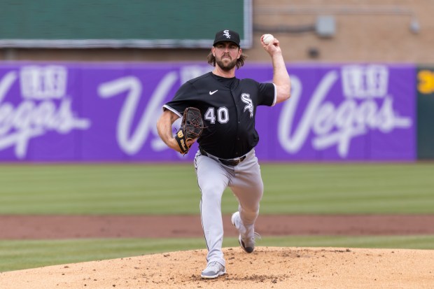 Chicago White Sox pitcher Tyler Gilbert throws to the Athletics during the first inning of a baseball game Saturday, April 26, 2025, in West Sacramento, Calif. (AP Photo/Sara Nevis)