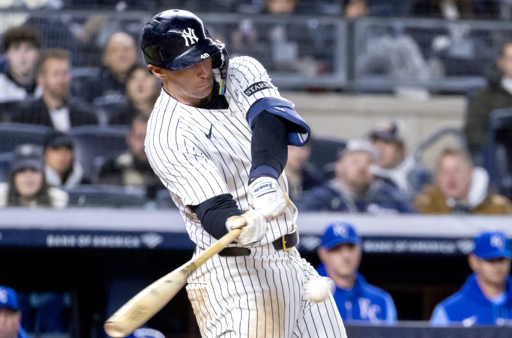 Paul Goldschmidt rips a single during a Yankees' game earlier this season.