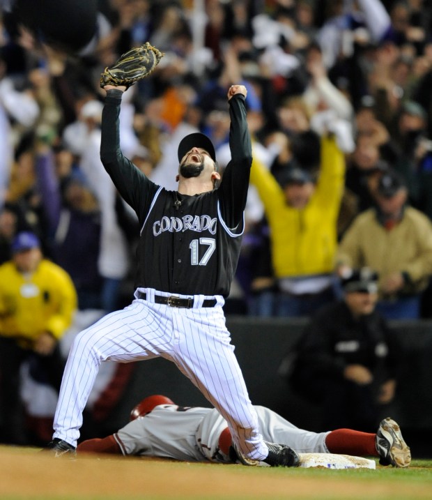 Todd Helton celebrates the Rockies win in Game Four of the National League Championship series between the Colorado Rockies and Arizona Diamondbacks at Coors Field in Denver on Oct. 15, 2007. (Photo by John Leyba/The Denver Post)