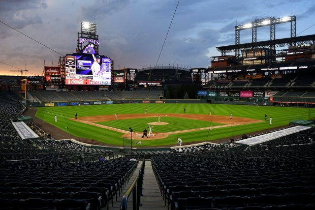 Colorado Rockies left fielder Raimel Tapia (15) at bat against the San Diego Padres during their home opener at Coors Field on July 31, 2020, in Denver. (Photo by Andy Cross/The Denver Post)