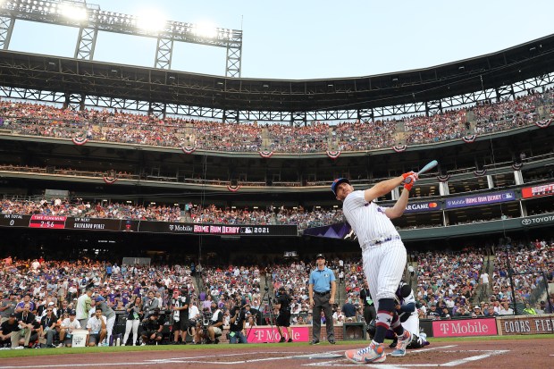 Pete Alonso (20) of the New York Mets bats during the 2021 T-Mobile Home Run Derby at Coors Field on July 12, 2021 in Denver. (Photo by Matthew Stockman/Getty Images)