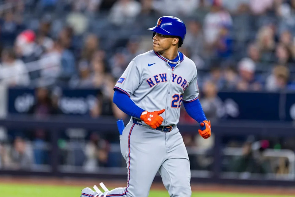 Juan Soto #22 of the New York Mets reacts after he grounds out in the eighth inning at Yankee Stadium, Sunday, May 18, 2025. Corey Sipkin for the NY POST