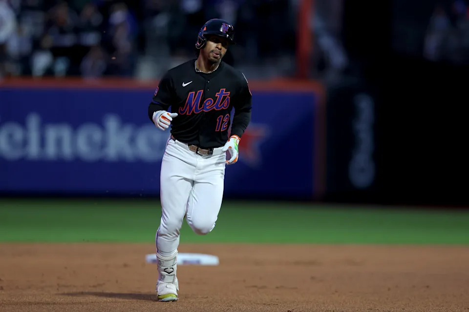 New York Mets shortstop Francisco Lindor (12) rounds the bases after hitting a solo home run against the Chicago Cubs during the first inning on May 9, 2025, at Citi Field.