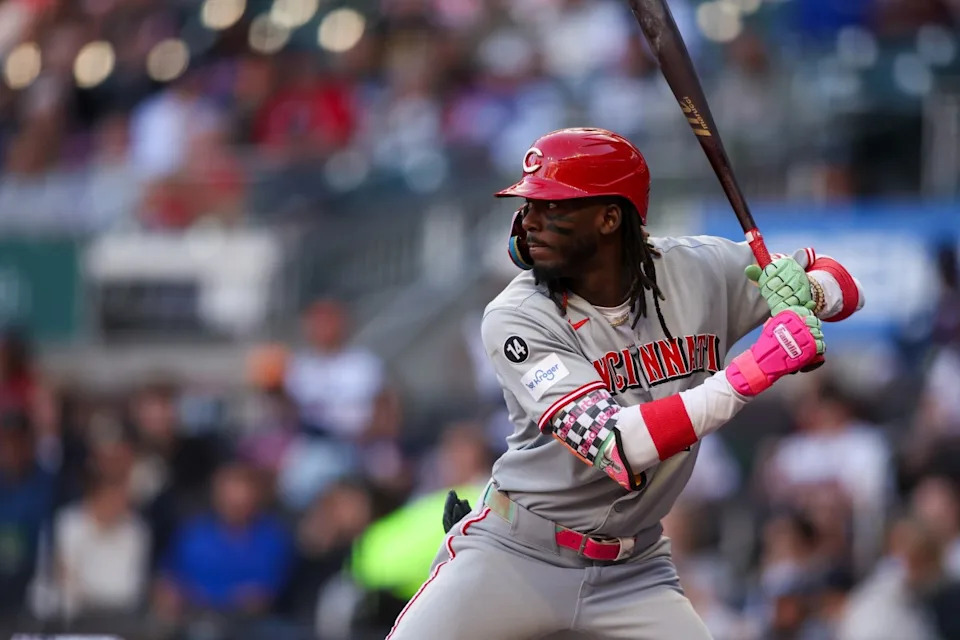 May 5, 2025; Atlanta, Georgia, USA; Cincinnati Reds shortstop Elly De La Cruz (44) bats against the Atlanta Braves in the first inning at Truist Park. Mandatory Credit: Brett Davis-Imagn ImagesBrett Davis-Imagn Images