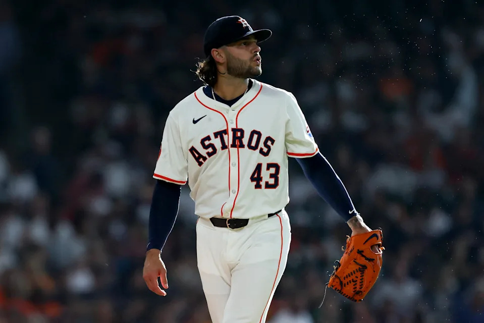 May 10, 2025; Houston, Texas, USA; Houston Astros starting pitcher Lance McCullers Jr. (43) reacts after a pitch during the first inning against the Cincinnati Reds at Daikin Park. Mandatory Credit: Troy Taormina-Imagn Images