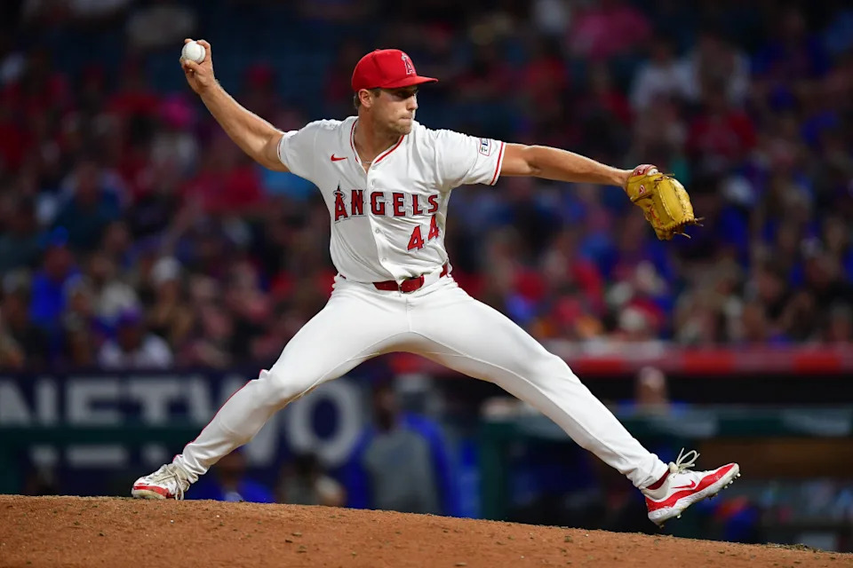 Los Angeles Angels pitcher Ben Joyce (44). Gary A. Vasquez-Imagn Images