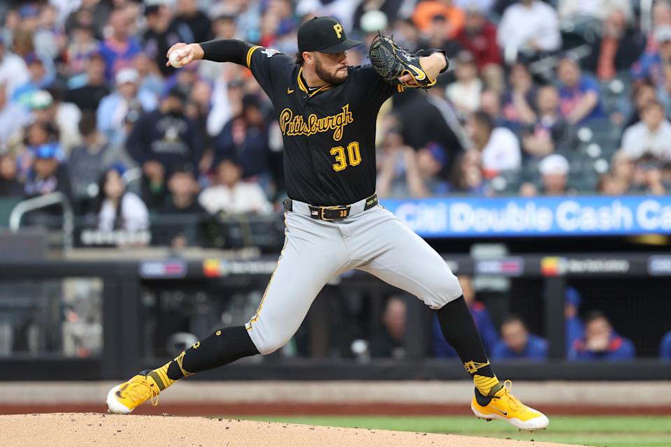 Pittsburgh Pirates' Paul Skenes pitches during the first inning of a baseball game against the New York Mets, Monday, May 12, 2025, in New York. (AP Photo/Pamela Smith)