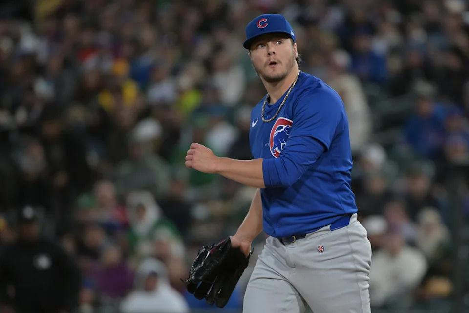 Chicago Cubs pitcher Justin Steele (35) looks on after throwing a pitch against the Athletics during the second inning at Sutter Health Park.Ed Szczepanski-Imagn Images