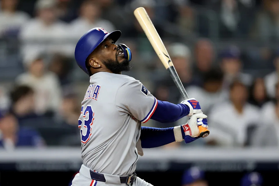 NEW YORK, NEW YORK - MAY 20: Adolis GarcÃÂa #53 of the Texas Rangers hits a single against the New York Yankees during the sixth inning at Yankee Stadium on May 20, 2025 in New York City.