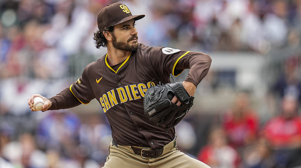 San Diego Padres starting pitcher Dylan Cease (84) pitches against the Atlanta Braves during the first inning at Truist Park.