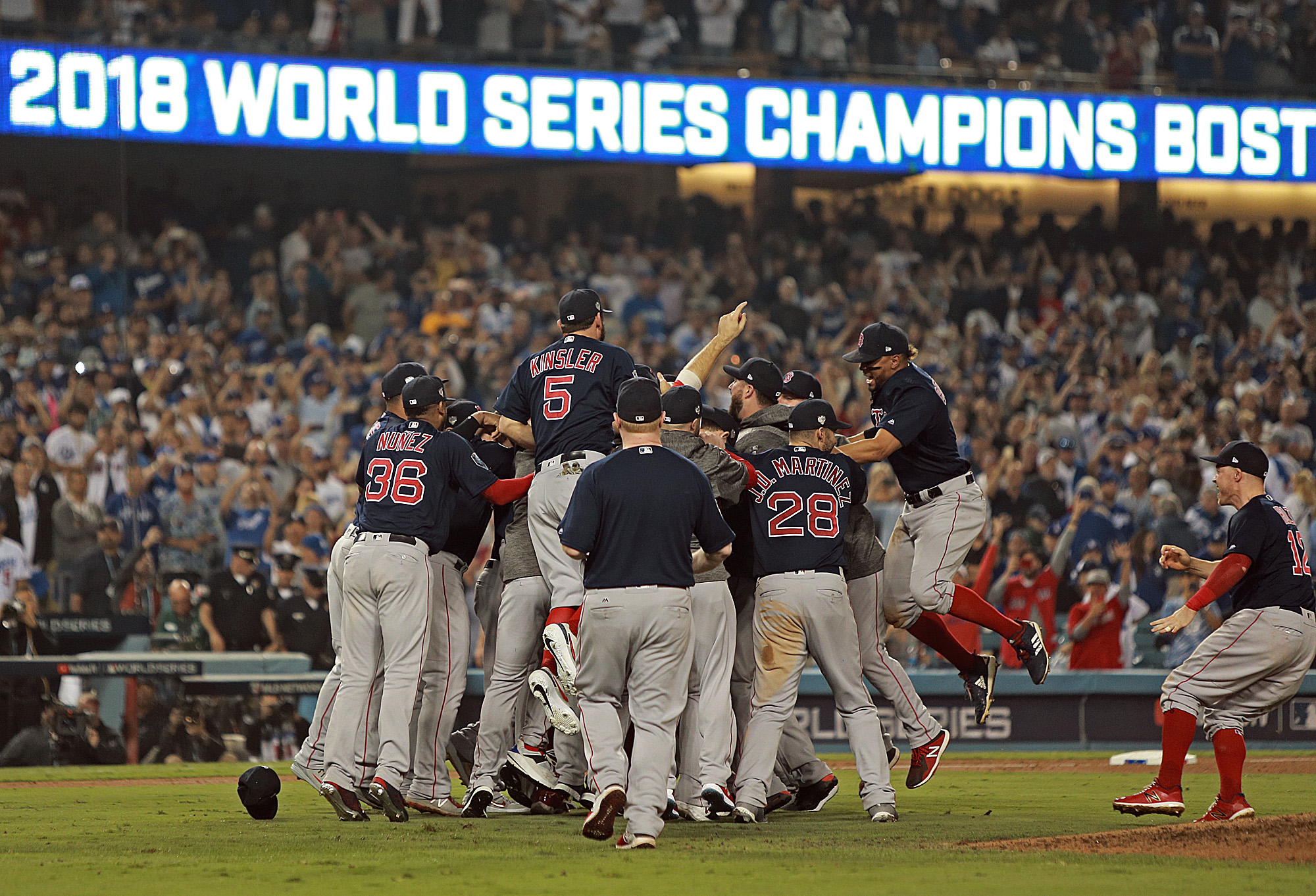 LOS ANGELES, CA - OCTOBER 28: Red Sox win the World Series 5-1 against the LA Dodgers at Dodger Stadium on October 28, 2018 in Los Angeles, California. (Staff Photo By Matt Stone/ Boston Herald)