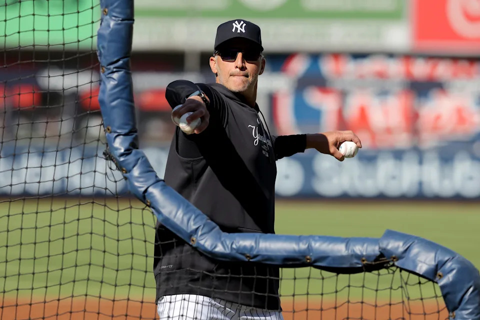 May 20, 2025; Bronx, New York, USA; New York Yankees former pitcher Andy Pettitte throws batting practice before a game against the Texas Rangers at Yankee Stadium.