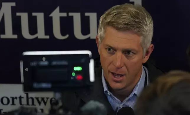 Mike Elias, executive vice president and general manager for the Baltimore Orioles, speaks to the media before a baseball game against the Milwaukee Brewers, Tuesday, May 20, 2025, in Milwaukee. (AP Photo/Aaron Gash)