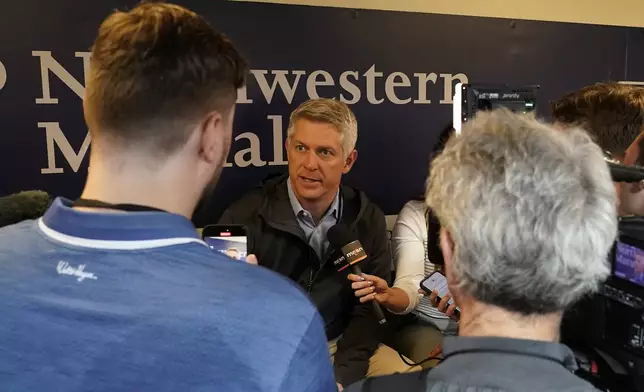 Mike Elias, executive vice president and general manager for the Baltimore Orioles, speaks to the media before a baseball game against the Milwaukee Brewers, Tuesday, May 20, 2025, in Milwaukee. (AP Photo/Aaron Gash)