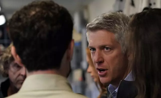 Mike Elias, executive vice president and general manager for the Baltimore Orioles, speaks to the media before a baseball game against the Milwaukee Brewers, Tuesday, May 20, 2025, in Milwaukee. (AP Photo/Aaron Gash)