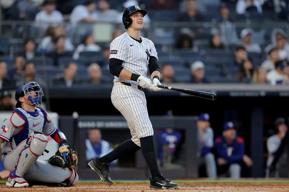 May 20, 2025; Bronx, New York, USA; New York Yankees designated hitter Ben Rice (22) watches his solo home run against the Texas Rangers during the second inning at Yankee Stadium.