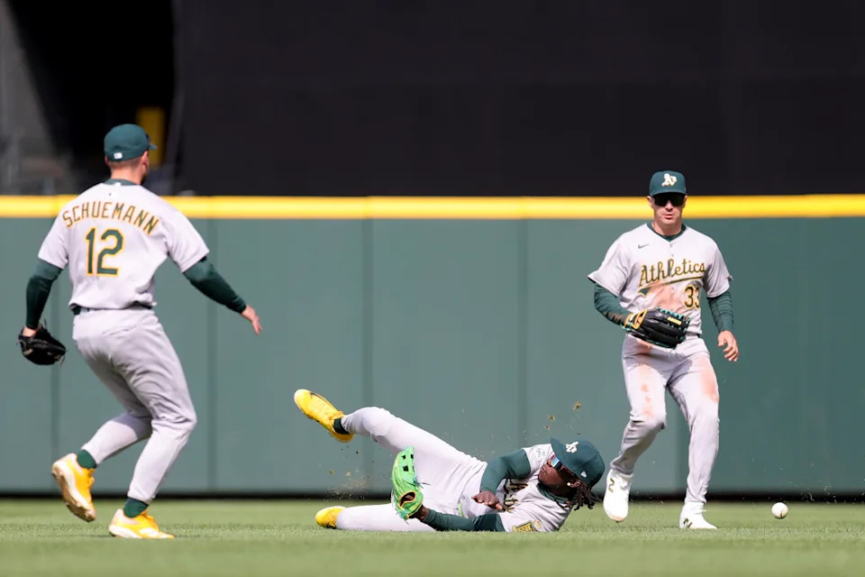 Oakland Athletics second baseman Max Schuemann (12), right fielder Lawrence Butler (4), and center fielder JJ Bleday (33).Ryan Sun-Imagn Images