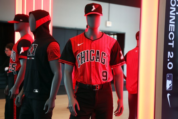 The White Sox unveil new Nike City Connect Series uniforms on April 28, 2025, at 167 Events in Chicago. The uniform has the Bulls lettering across the chest. (Terrence Antonio James/Chicago Tribune)