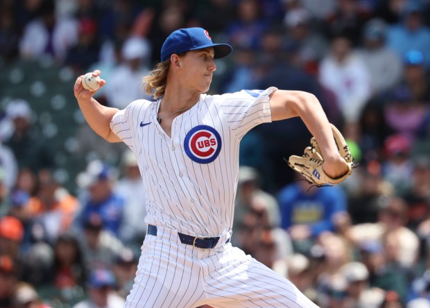 Chicago Cubs pitcher Ben Brown delivers to the San Francisco Giants in the first inning Wednesday, May 7, 2025, at Wrigley Field. (Brian Cassella/Chicago Tribune)