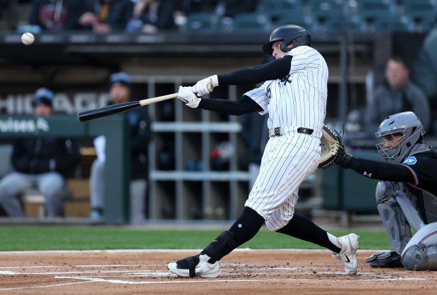 White Sox designated hitter Andrew Vaughn hits a solo home run in the first inning against the Marlins on May 10, 2025, at Rate Field. (Chris Sweda/Chicago Tribune)