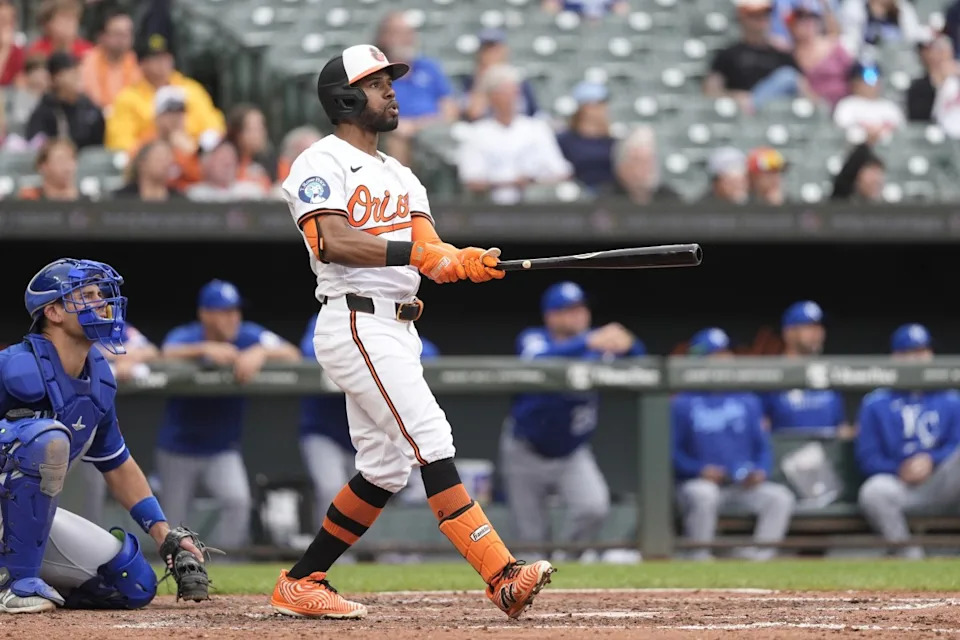 May 4, 2025; Baltimore, Maryland, USA; Baltimore Orioles center fielder Cedric Mullins (31) watches his home run against the Kansas City Royals during the fifth inning at Oriole Park at Camden Yards.Gregory Fisher-Imagn Images