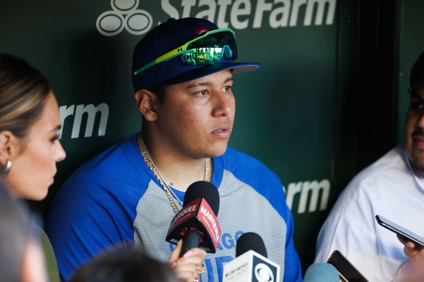 Chicago Cubs catcher Moisés Ballesteros talks with members of the press before making his debut against the Miami Marlins at Wrigley Field Tuesday May 13, 2025, in Chicago. (Armando L. Sanchez/Chicago Tribune)