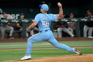 Texas Rangers relief pitcher Josh Sborz throws against the Baltimore Orioles during the...