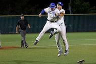 Byron Nelson's pitcher Ashton Elder (16), right, celebrates with his teammate Byron Nelson's...