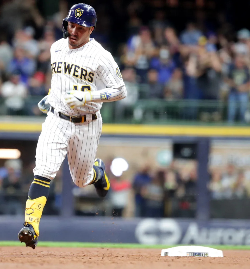 Milwaukee Brewers second baseman Kolten Wong (16) circles the bases after hitting a home run during the first inning of their game against the New York Mets on Friday, Sept. 24, 2021, at American Family Field in Milwaukee, Wisconsin.