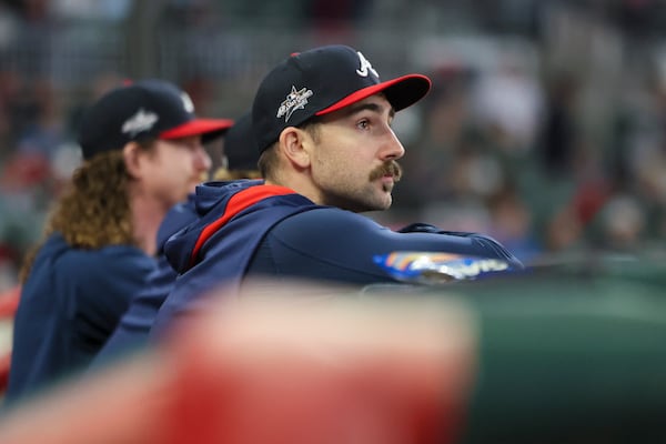 Braves starter Spencer Strider watches from the dugout during a May 5 game against the Reds.