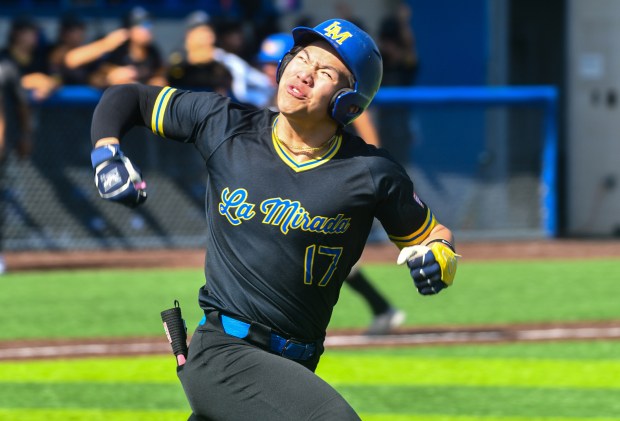 La Mirada's Kevin Jeon (17) reacts as he gets an RBI hit against Los Alamitos in the first round of the CIF-SS Division 1 baseball playoffs at La Mirada High School on Thursday May 15, 2025. Los Alamitos defeated La Mirada 4-2. (Photo by Keith Durflinger, Contributing Photographer)