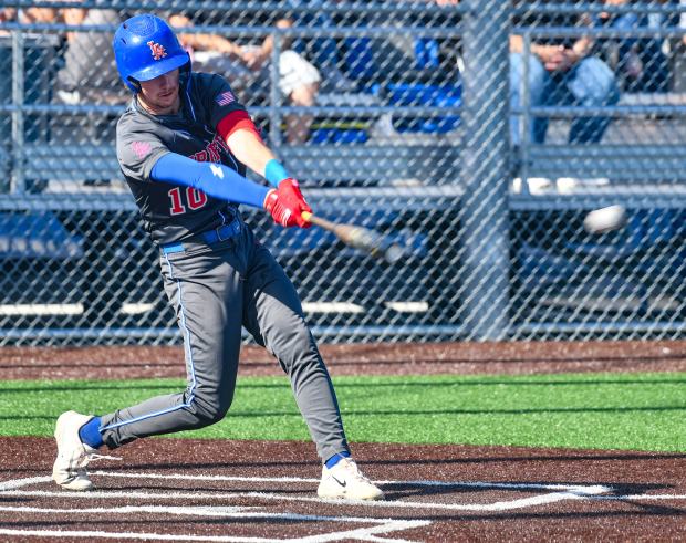 Los Alamitos' Nate Walker (10) gets an RBI hit against La Mirada in the first round of the CIF-SS Division 1 baseball playoffs at La Mirada High School on Thursday May 15, 2025. Los Alamitos defeated La Mirada 4-2. (Photo by Keith Durflinger, Contributing Photographer)