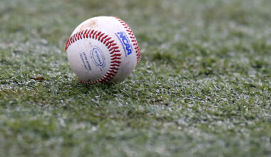 FILE - The NCAA logo is seen on a baseball during an NCAA college baseball tournament regional game...