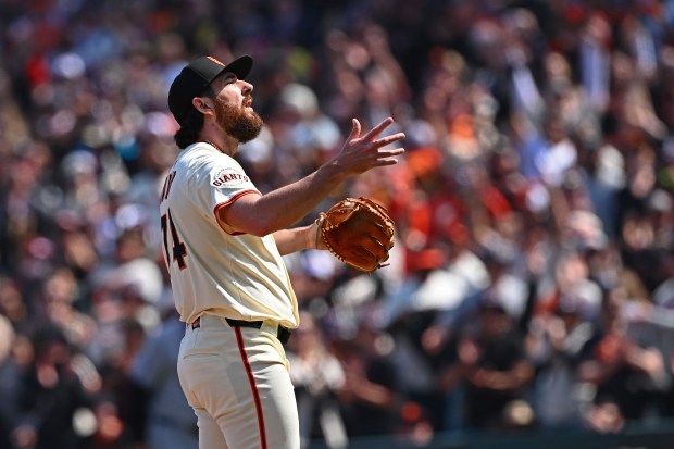 San Francisco Giants pitcher Ryan Walker (74) gestures after defeating the Colorado Rockies in the ninth inning of their MLB game at Oracle Park in San Francisco, Calif., on Saturday, May 3, 2025. The San Francisco Giants defeated the Colorado Rockies 6-3. (Jose Carlos Fajardo/Bay Area News Group)