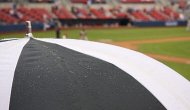 A stock image of a rainy baseball game.