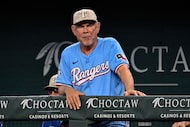 Texas Rangers manager Bruce Bochy looks on during a baseball game against the Houston Astros...