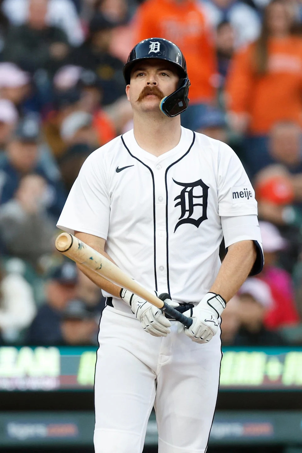 Detroit Tigers catcher Jake Rogers (34) looks on during an at bat in the first inning against the Cleveland Guardians at Comerica Park in Detroit on Saturday, May 24, 2025.