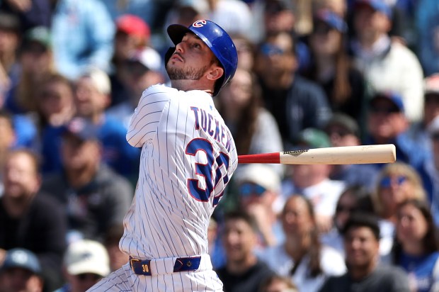 Chicago Cubs outfielder Kyle Tucker drives in a run on a sacrifice fly in the seventh inning of a game against the Colorado Rockies at Wrigley Field in Chicago on May 26, 2025. (Chris Sweda/Chicago Tribune)