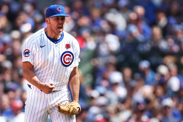Chicago Cubs starting pitcher Jameson Taillon (50) celebrates after closing out the Colorado Rockies in the sixth inning of a game at Wrigley Field in Chicago on May 26, 2025. (Chris Sweda/Chicago Tribune)