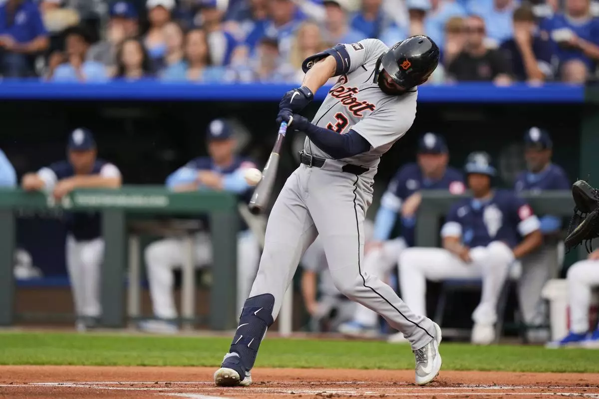 Detroit Tigers' Riley Greene hits a two-run home run during the first inning of a baseball game against the Kansas City Royals, Friday, May 30, 2025, in Kansas City, Mo. (AP Photo/Charlie Riedel)