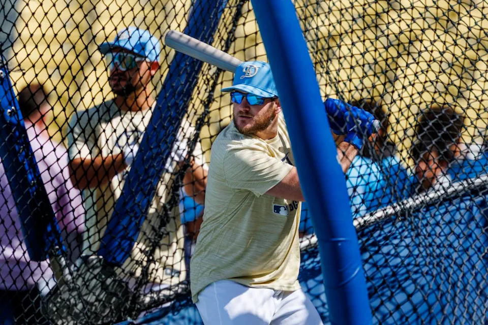 The Dodgers' Max Muncy takes batting practice before a game against the Pirates at Dodger Stadium last month.