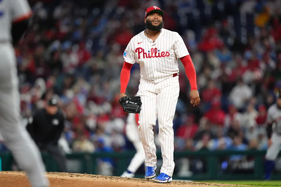 Philadelphia Phillies relief pitcher Jose Alvarado (46) reacts after recording a strikeout against the San Francisco Giants in the eighth inning at Citizens Bank Park. All players wore #42 for Jackie Robinson Day.Kyle Ross-Imagn Images