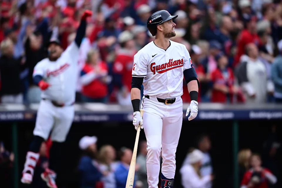 Lane Thomas watches his grand slam in the fifth inning of Game 5. (AP Photo/David Dermer)