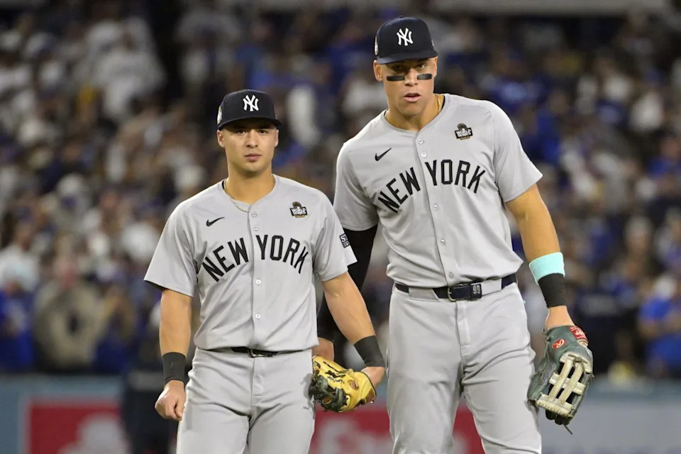 New York Yankees shortstop Anthony Volpe (left) and outfielder Aaron Judge (right).© Jayne Kamin-Oncea-Imagn Images