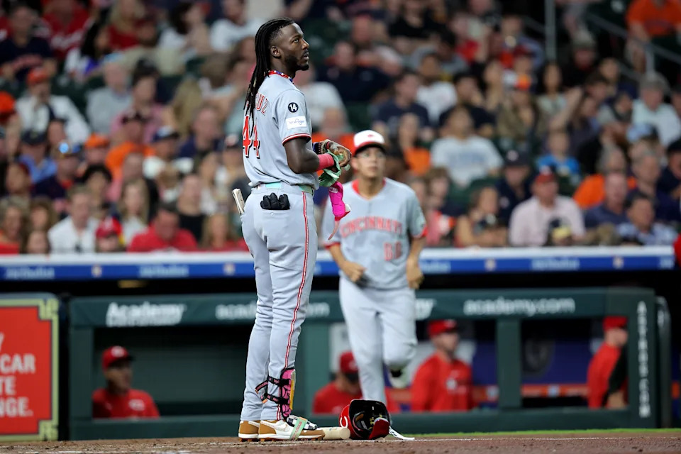 Elly De La Cruz after striking out in the third inning Friday against Houston Astros starter Hunter Brown Friday May 9. Brown struck out a season-tying nine in 5 2/3 innings.