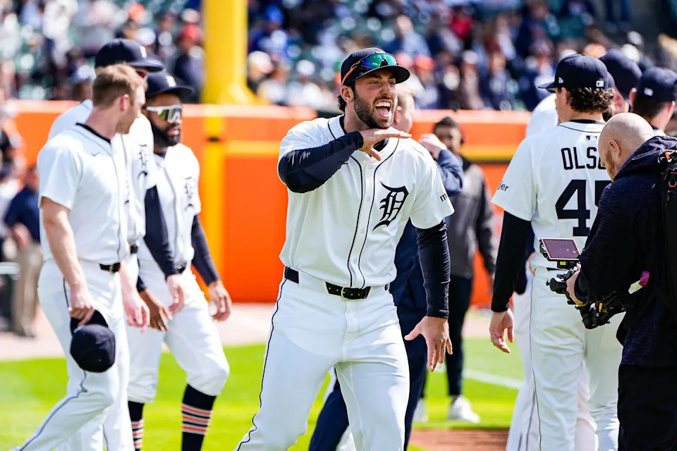 Detroit Tigers’ Matt Vierling waves at players from Chicago White Sox ahead of during home opening day against Chicago White Sox at Comerica Park in Detroit on Friday, April 4, 2025.