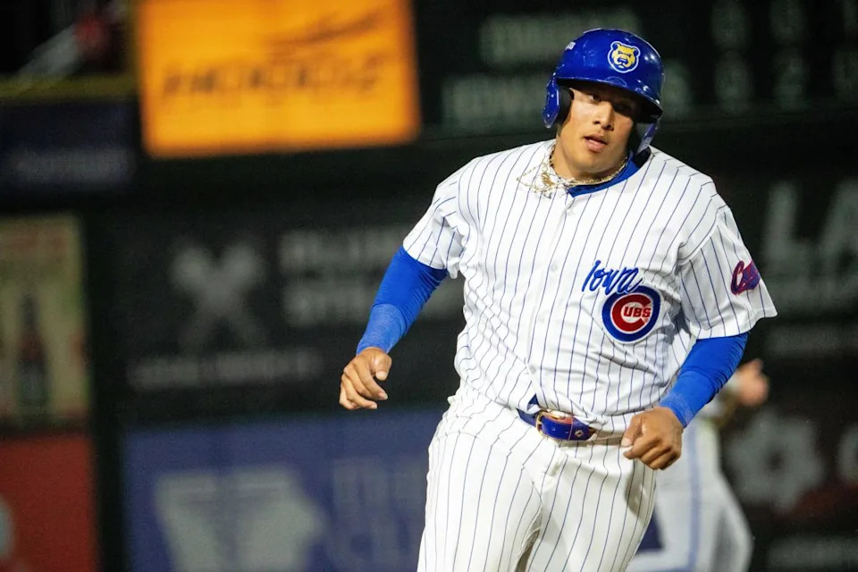 Iowa Cubs' Moises Ballesteros (25) makes his way to third base on Friday, March 28, 2025, at Principal Park in Des Moines.Cody Scanlan&sol;The Register&sol;USA TODAY NETWORK via Imagn Images