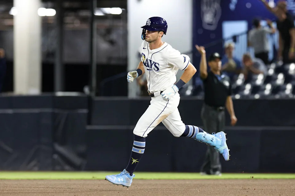 Tampa Bay Rays center fielder Kameron Misner (26) runs the bases after hitting a home run against the Boston Red SoxNathan Ray Seebeck-Imagn Images