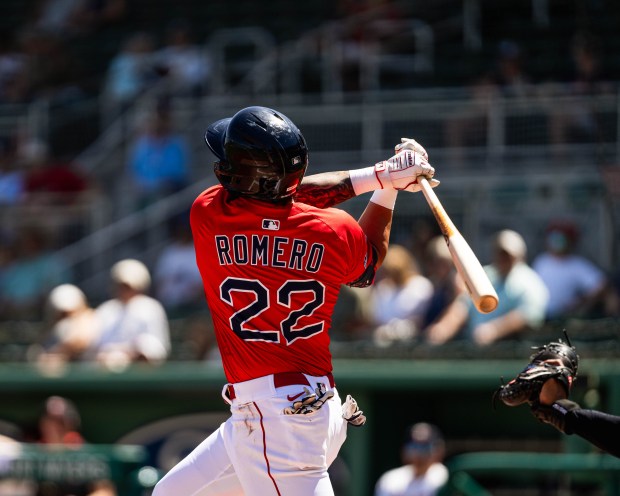 Red Sox prospect Mikey Romero hits a two-run home run during Friday's Futures at Fenway South game at JetBlue Park. (Tayla Bolduc/Worcester Red Sox)